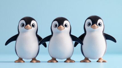 Fototapeta premium Three cartoon penguins standing side by side against a light blue background in a studio shot