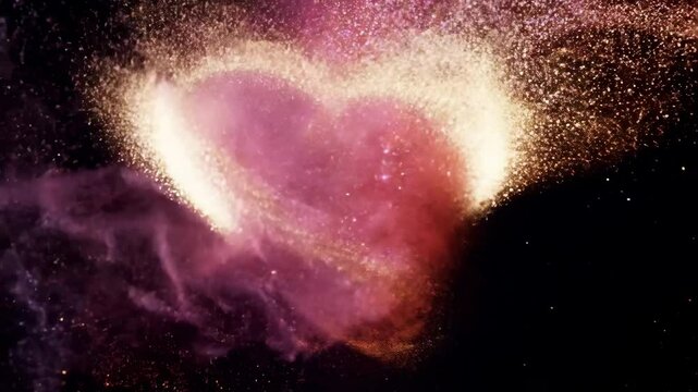 Colorful powder particles exploding forming a heart shape against a dark background. Glitter dust creating a vibrant dynamic visual heart-shaped form. Sparkle grains.14 February Valentine's Day