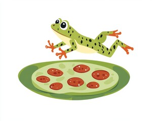 Joyful frog jumping on pizzashaped lily pad 