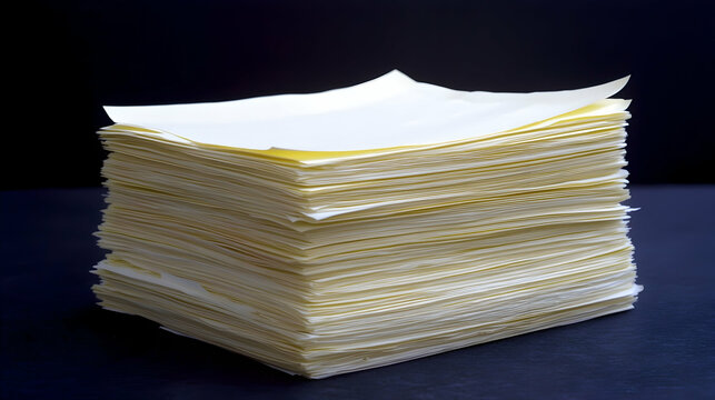 Stack of blank yellow paper sheets on dark background; office supplies, paperwork, documentation