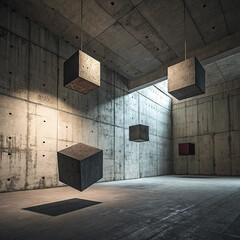 Obraz premium Abstract Floating Concrete Cubes in a Brutalist Architectural Space with Dramatic Lighting