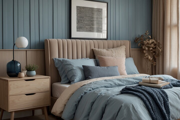 Serene and inviting bedroom with a plush upholstered headboard and crisp blue bedding complemented by a wooden nightstand and a modern lamp