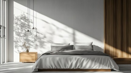 Bright, modern bedroom with natural light and warm wood accents