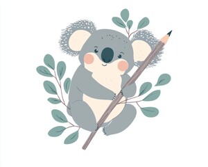 Cute koala  hugging pencilshaped eucalyptus branch on white background