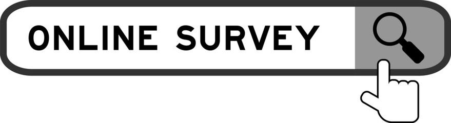 Search banner in word online survey with hand over magnifier icon on white background