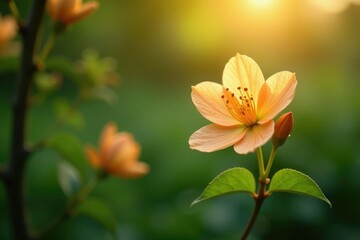Fototapeta premium Subtle pale orange flower blooming in the shade of a tree, orange blossom, floral details