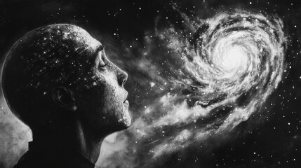 Surreal Transformation: A Person’s Head Turns Into a Galaxy of Knowledge in Charcoal