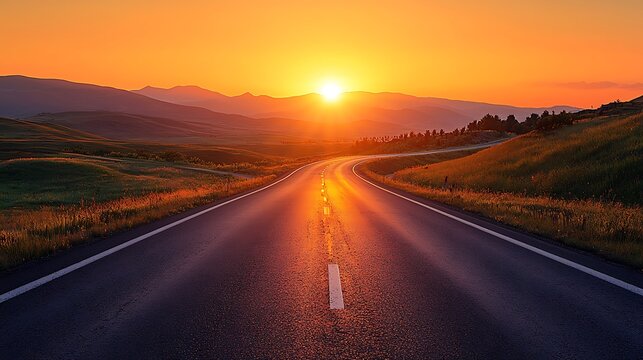 Scenic sunset over a winding asphalt road through rolling hills.