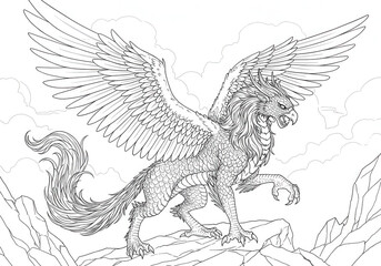Fototapeta premium Black and white coloring page of mythical creature, outline digital illustration and pencil drawing for kids and adult.