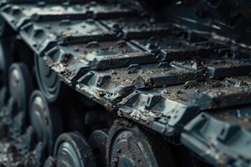 Close-up of rugged tank tracks covered in mud.