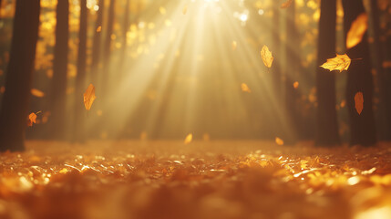 Golden Autumn Forest with Sunlit Falling Leaves
