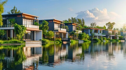 Obraz premium A tranquil lakeside setting featuring a row of modern house residences nestled along the waterfront, with serene reflections and lush greenery adding to the peaceful ambiance.