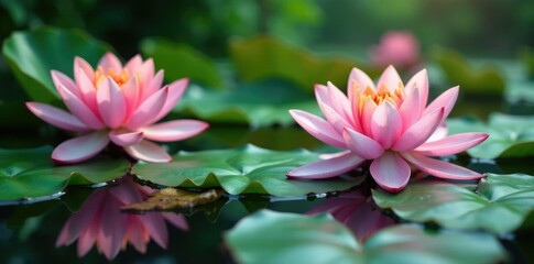 Fototapeta premium Water lilies and lotus flowers surrounding the water,, vegetation details, plant species