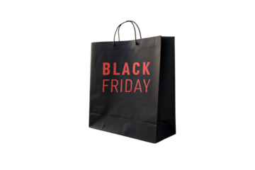A solo Black Friday shopping bag standing against darkness, its bold red typography contrasting the deep black, emphasizing the power of retail and discounts, isolated on a transparent background