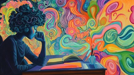A Mind in Motion: Vivid Gouache Depiction of a Person Studying with Floating Ideas