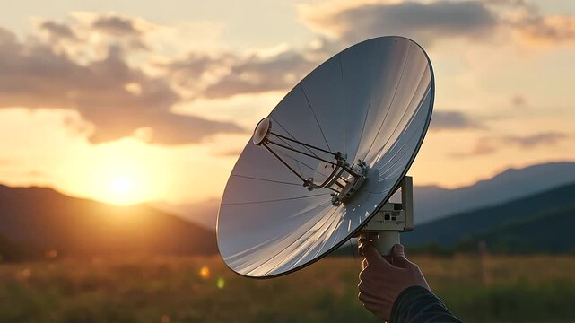 Aligning a Satellite Dish in a Field at Sunset