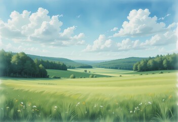 Fototapeta premium Serene Summer Meadow Landscape, Peaceful countryside scene with green fields and blue sky.