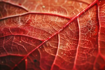 Close-up of a vibrant red leaf with intricate vein patterns.