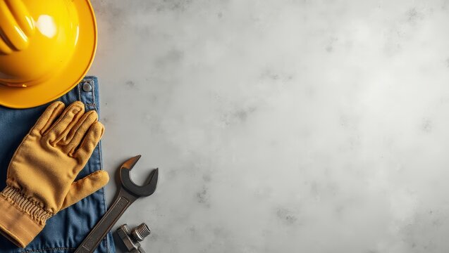 A clean and minimalistic flat-lay composition featuring a single worn-out worker's glove, a wrench, and a construction helmet. Minimalist Labor Day Tribute