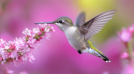 Fototapeta premium A hummingbird approaching flowers with graceful fluttering motion and wings