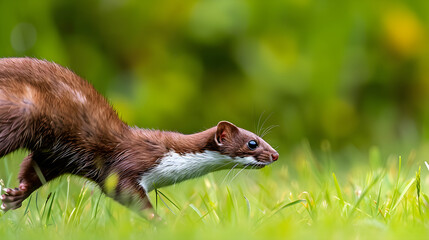 Vivid portrayal of a swift and agile weasel in its natural habitat, showcasing its courage, dexterity, and focus during a hunt in a grassy field.