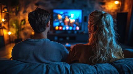 A cozy haven, where a loving couple, lost in the world of cinematic escapades, reclined on a soft couch, the glow of a flat-screen television illuminating their faces, a testament to the joys 