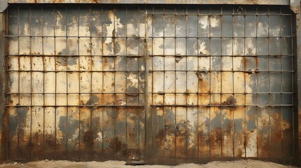 A wall with rusted metal bars and a faded yellow paint