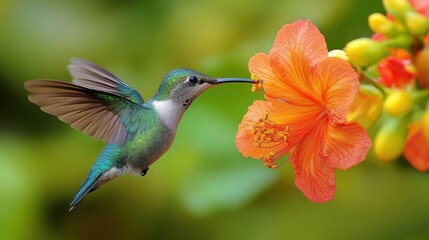 Naklejka premium A hummingbird with vibrant green feathers drinking nectar from an orange flower