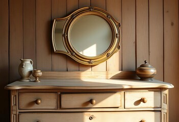 Antique weathered wood dresser, tarnished brass mirror reflects light, wood, brown