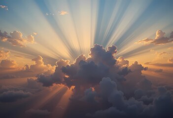 Heavenly Sunrise, God Rays through Clouds, Dramatic sunrise with crepuscular rays piercing clouds.