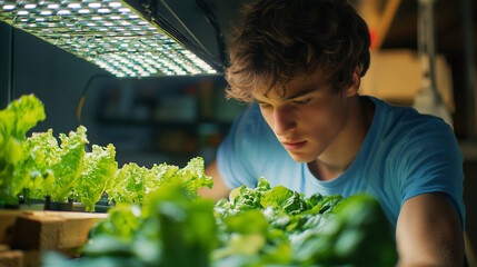Young man smiling in the garden surrounded by flowers, plants, and nature on a sunny spring day