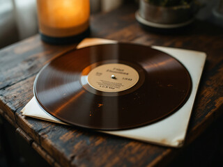close up of a vinyl on a wooden table
