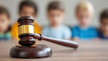 Judicial decision-making event classroom setting image of gavel educational environment close-up view justice concept