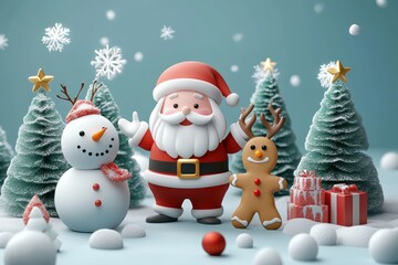 Merry Christmas and Happy New Year Celebration with Santa Claus Snowman Reindeer and Gingerbread Cookie in a Festive Winter Scene
