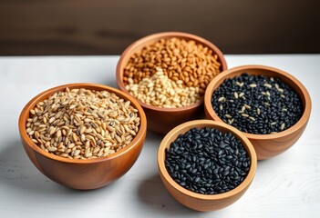 Four wooden bowls filled with chia, flax, sesame, and black sesame seeds,  brown, pantry