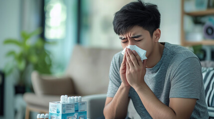 Young asian man sneezing with tissue paper at home, living room background,