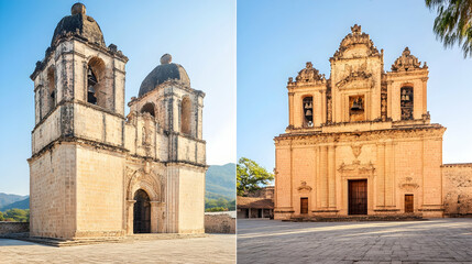 Obraz premium Two colonial-era churches in a sunny mountain town square; peaceful historical architecture