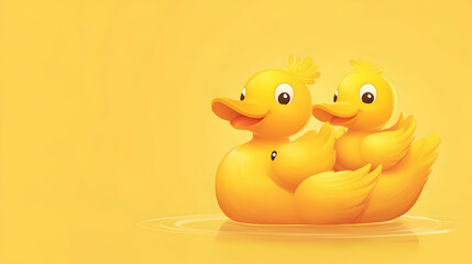 Two cute yellow rubber ducks floating on calm water, against a soft yellow background; perfect for children's products