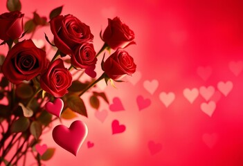 Glowing red roses & cascading pink hearts on red-gold gradient Vibrant Valentine's Day background, illustration, sparkle