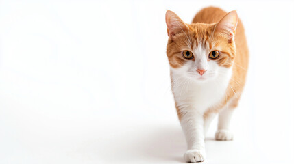 Fototapeta premium Adorable red kitten with fluffy fur on a white background