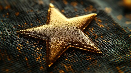 Gold star on dark fabric background.