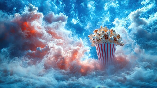 A high-definition, widescreen tableau of a red and white striped popcorn cup, from which a cloud of fluffy popcorn gracefully floats against a transparent backdrop, inviting viewers into the 