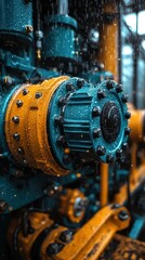 Rain-Soaked Industrial Machinery: A Teal and Gold Symphony