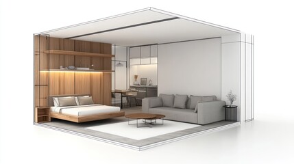 Modern studio apartment design.  Interior sketch