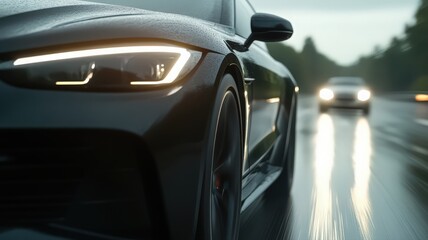 Fototapeta premium Black Luxury Car Driving on Rain Slicked Road at Night