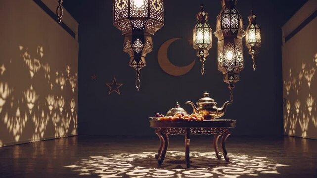 Low-angle video captures an ornate Middle Eastern tea setup with intricate lanterns casting patterned shadows, creating a warm, inviting ambiance.
