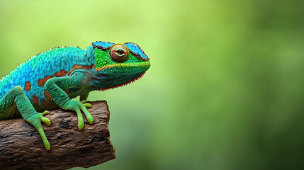 Vibrant chameleon perched on branch, tropical rainforest background; ideal for nature documentaries or wildlife websites