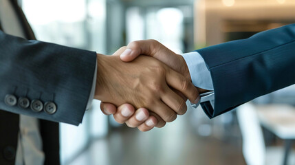 Close-up of a professional business handshake, strong firm grip, corporate deal-making, partnership, and collaboration concept.