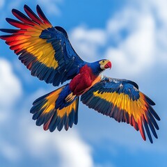 Obraz premium Colorful parrot in flight against a cloudy sky