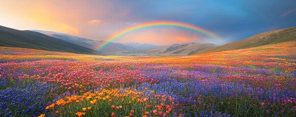 Obraz premium Vibrant wildflower bloom under a rainbow scenic valley nature photography serene landscape wide angle colorful beauty